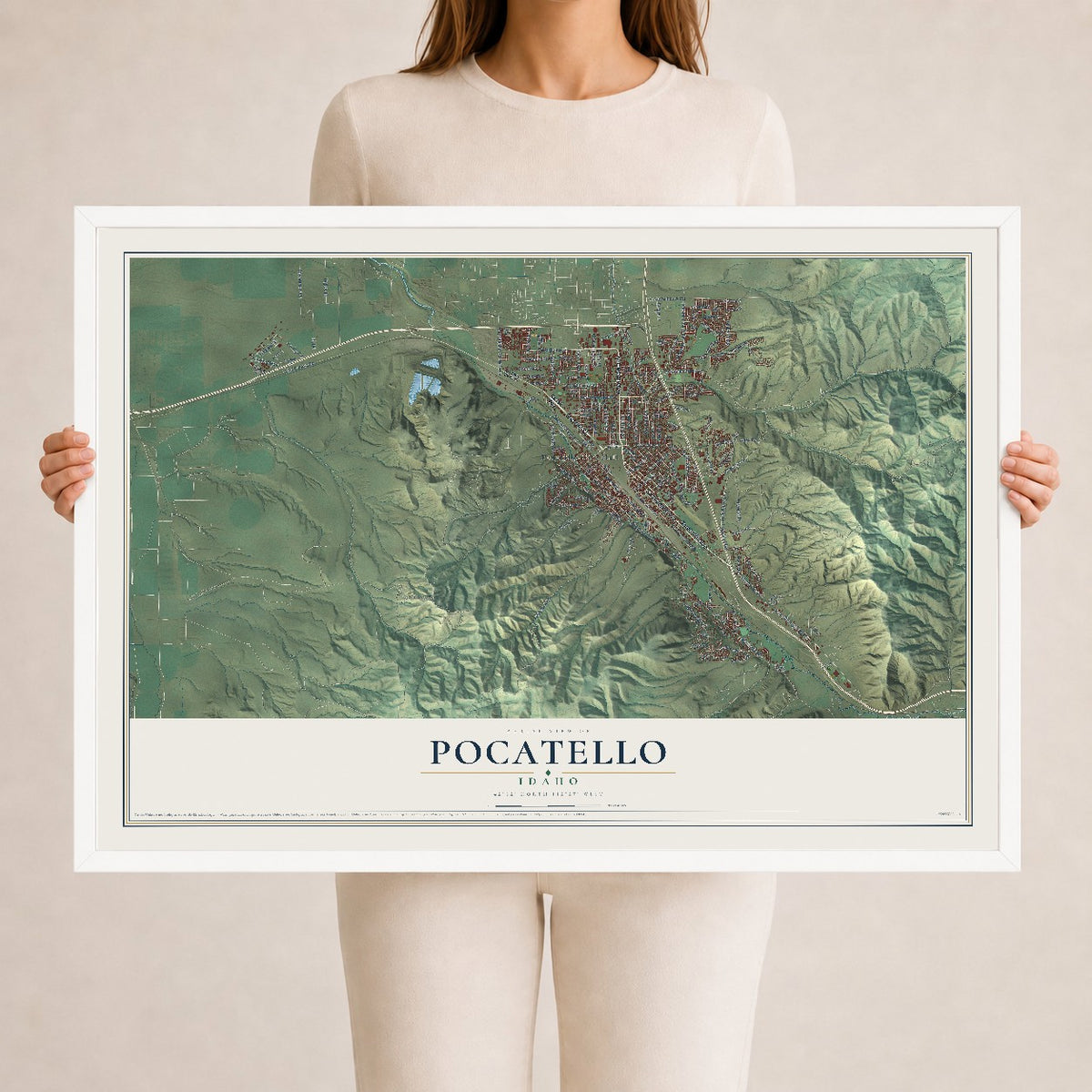 Map of Pocatello, Idaho, 24 x 36 inch print in a white wood frame