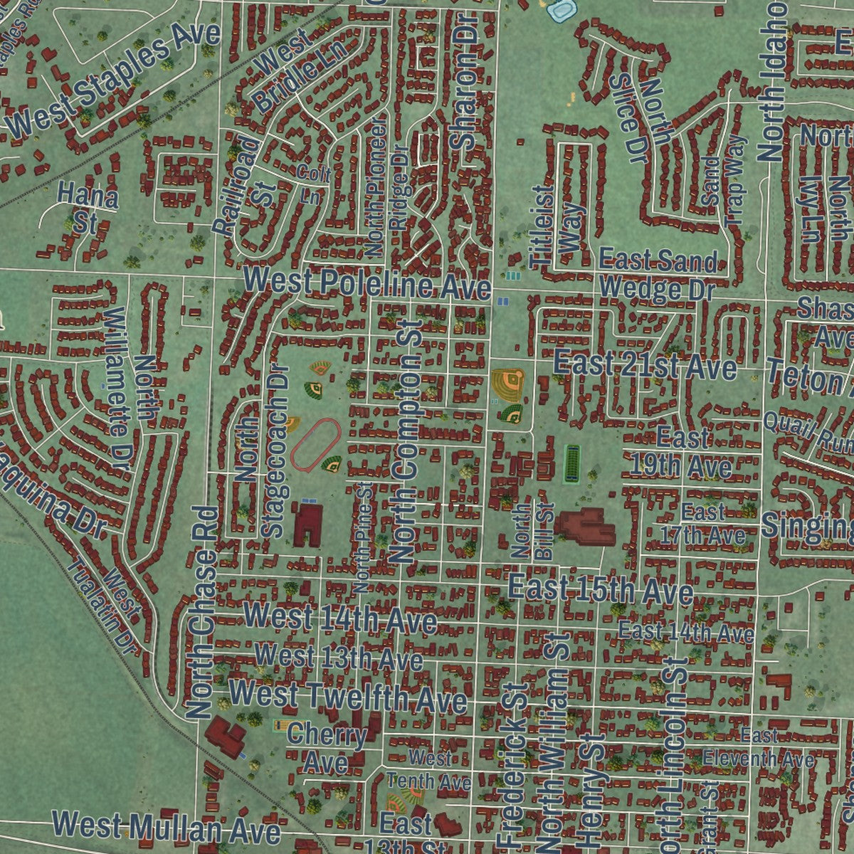 Close-up of the map of Post Falls, Idaho print showing street and building detail