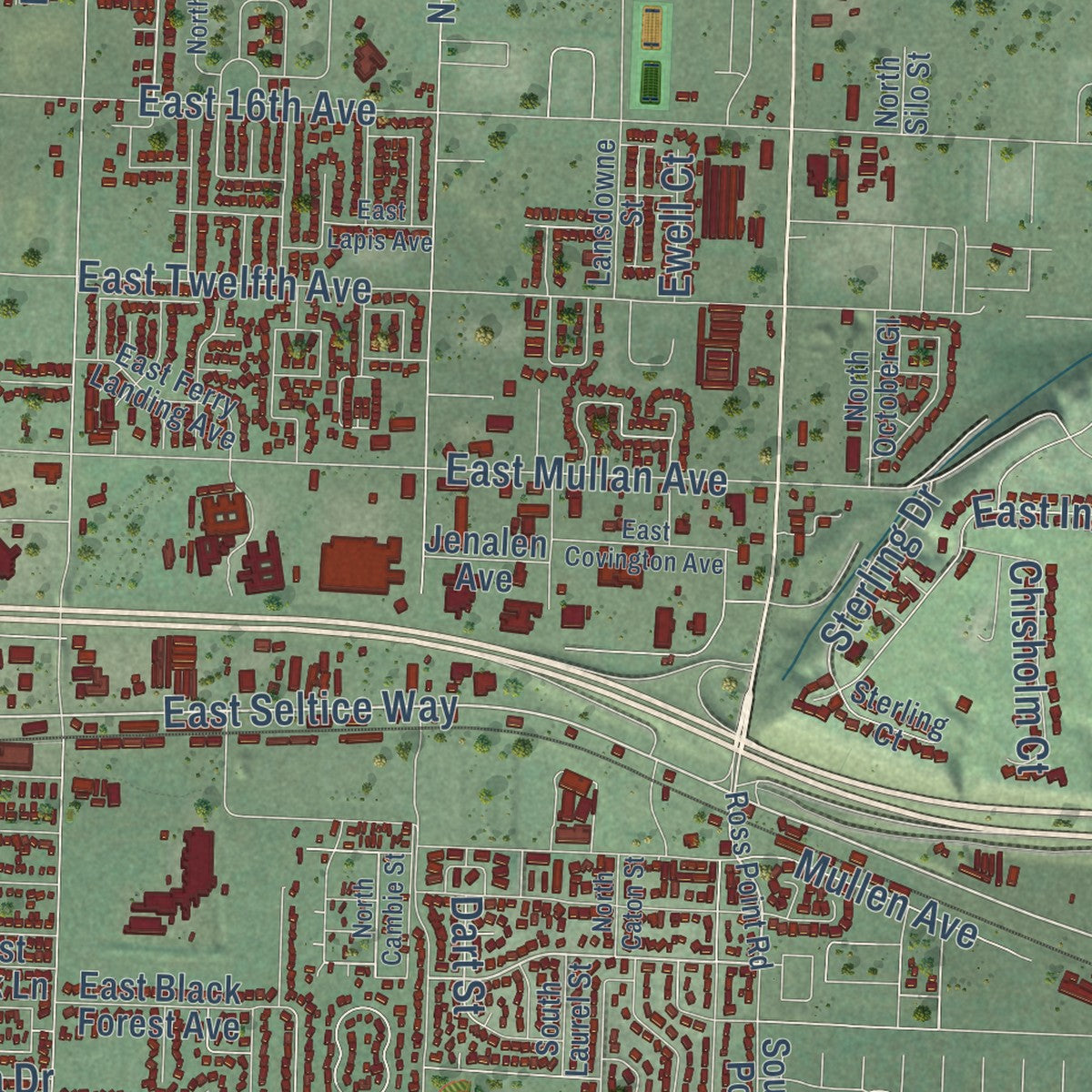 Second close-up of the map of Post Falls, Idaho print showing more streets and buildings
