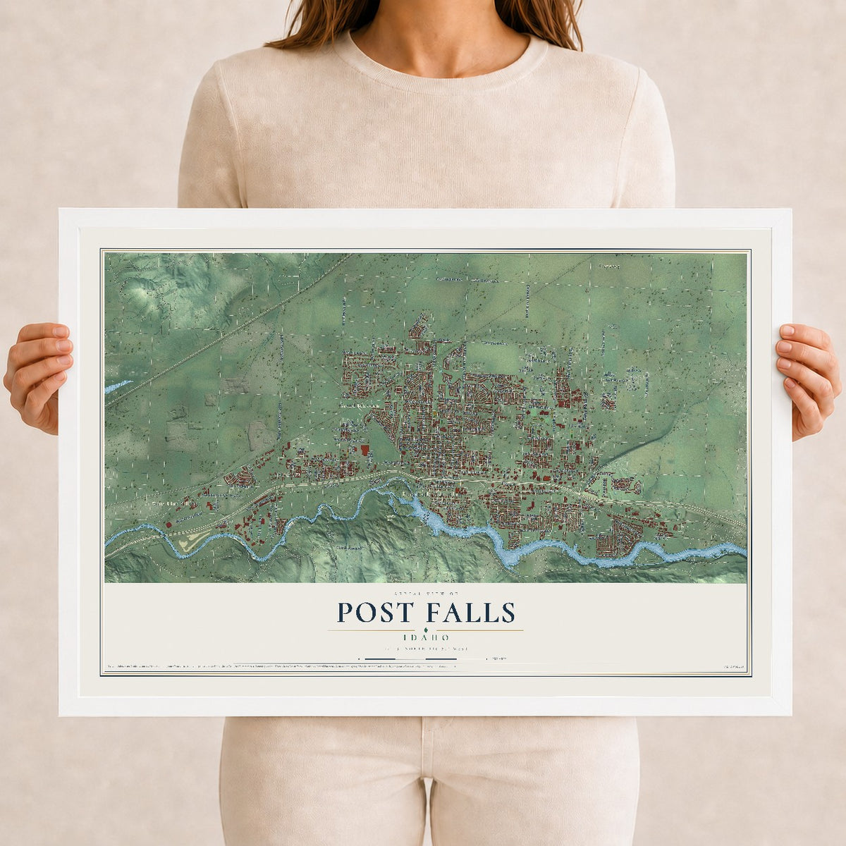 Map of Post Falls, Idaho, 12 x 18 inch print in a white wood frame