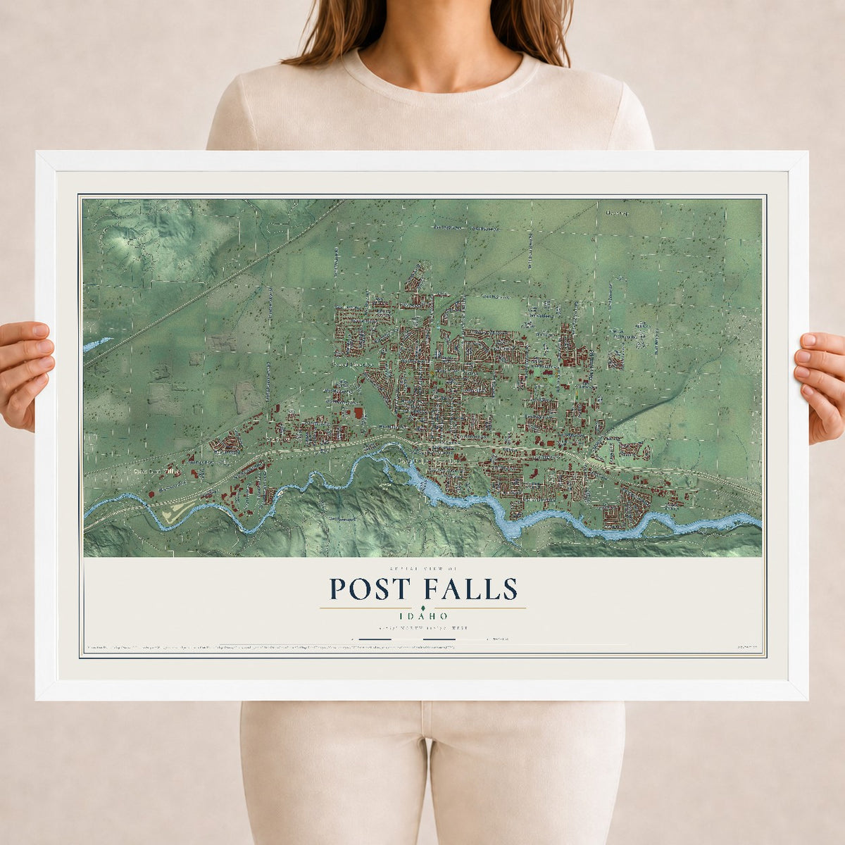 Map of Post Falls, Idaho, 18 x 24 inch print in a white wood frame