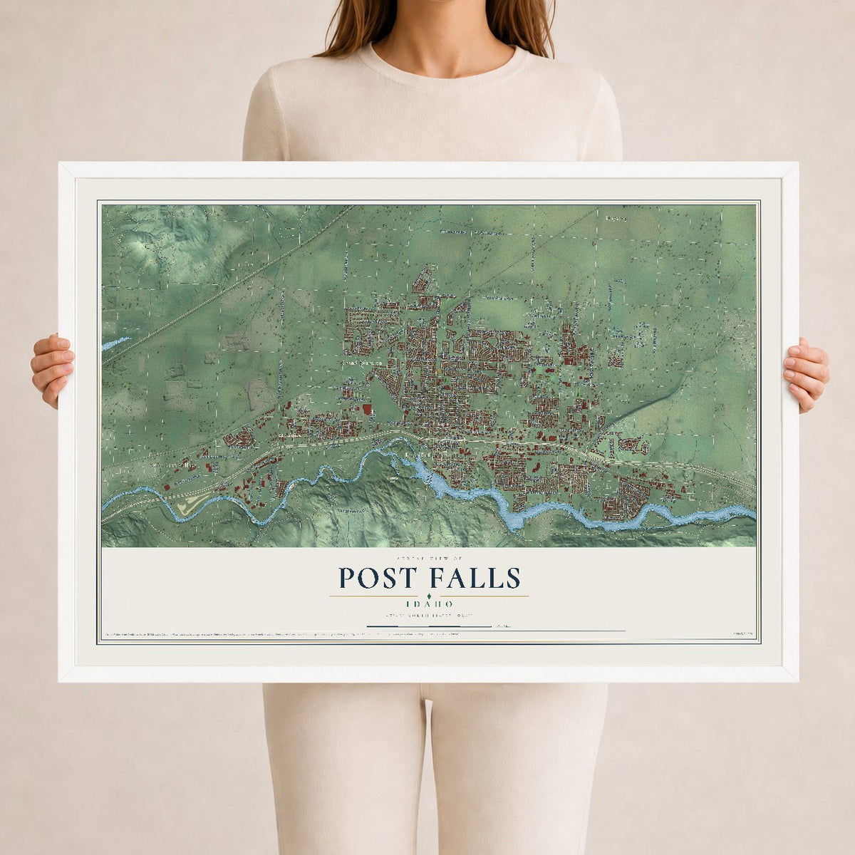Map of Post Falls, Idaho, 24 x 36 inch print in a white wood frame