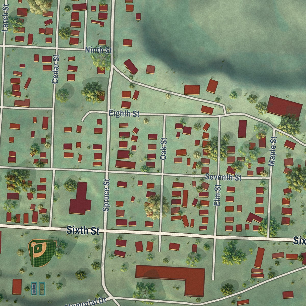 Close-up of the map of Potlatch, Idaho print showing street and building detail