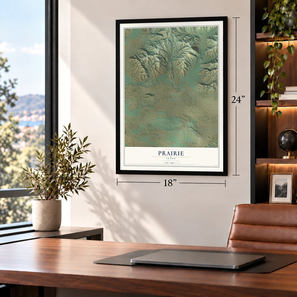 Prairie, Idaho map, 18 x 24 inch print in a black frame in a home office