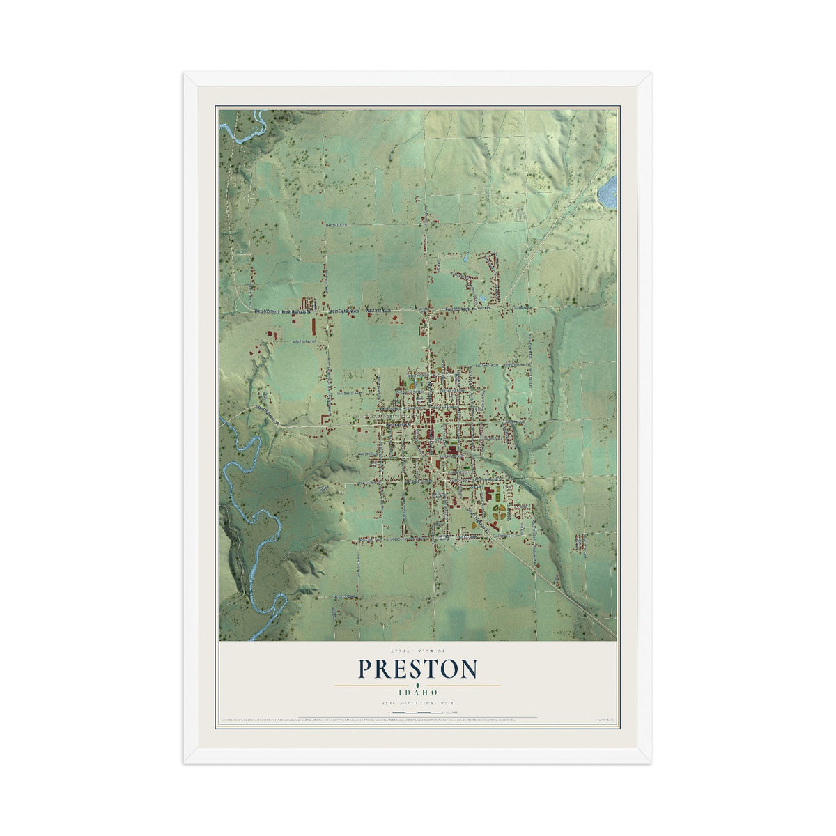 Map of Preston, Idaho, 12 x 18 inch print in a white wood frame