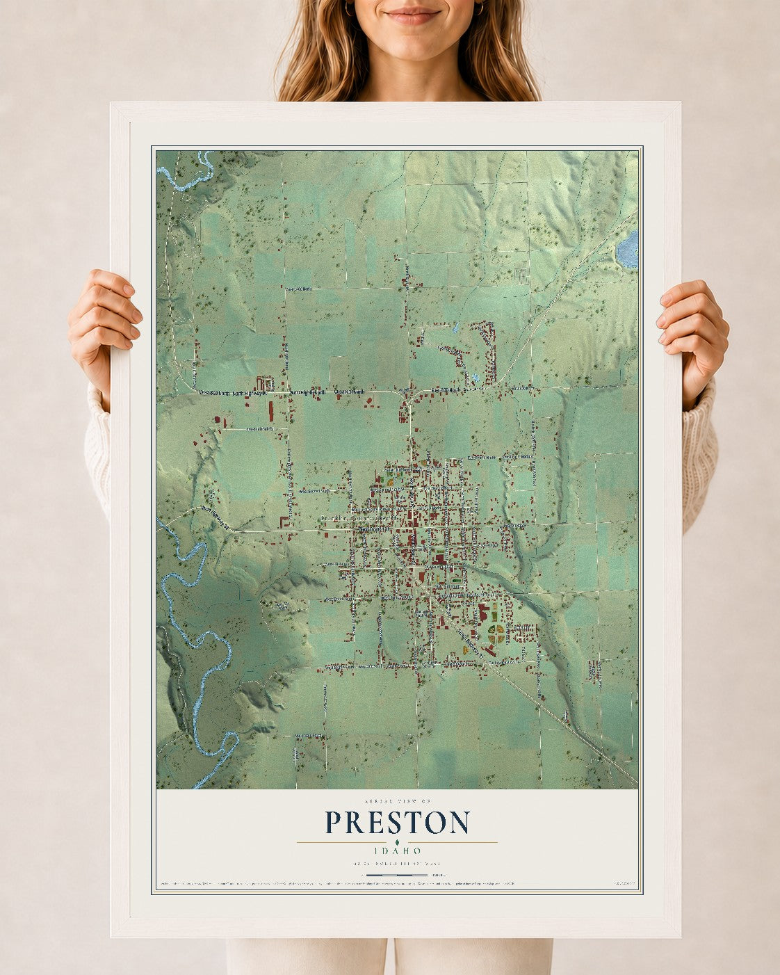Map of Preston, Idaho, 24 x 36 inch print in a white wood frame