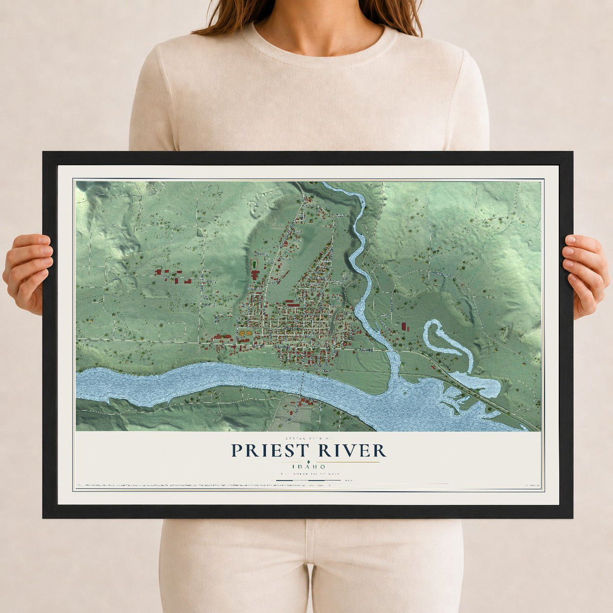 Map of Priest River, Idaho, 12 x 18 inch print in a black wood frame