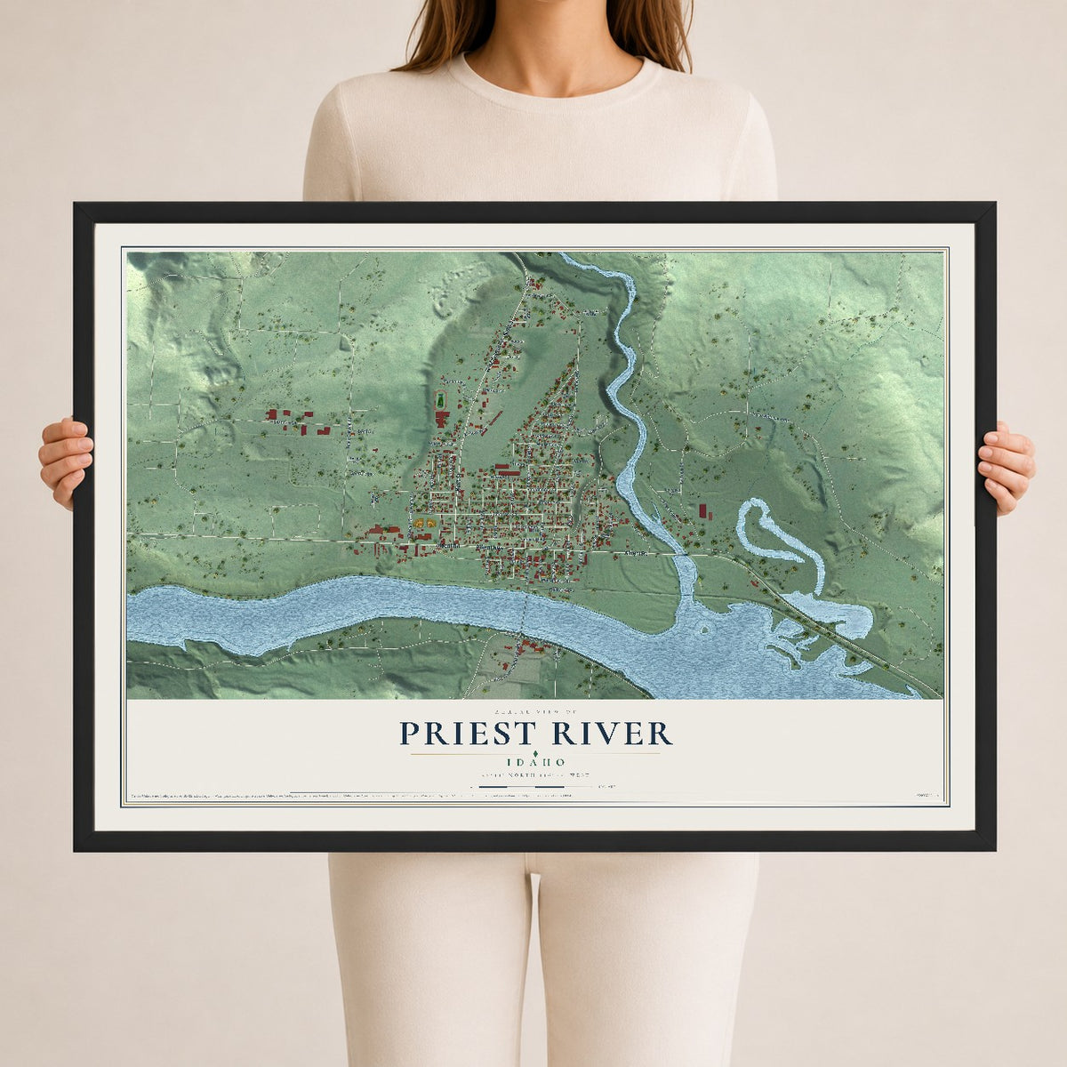 Map of Priest River, Idaho, 24 x 36 inch print in a black wood frame