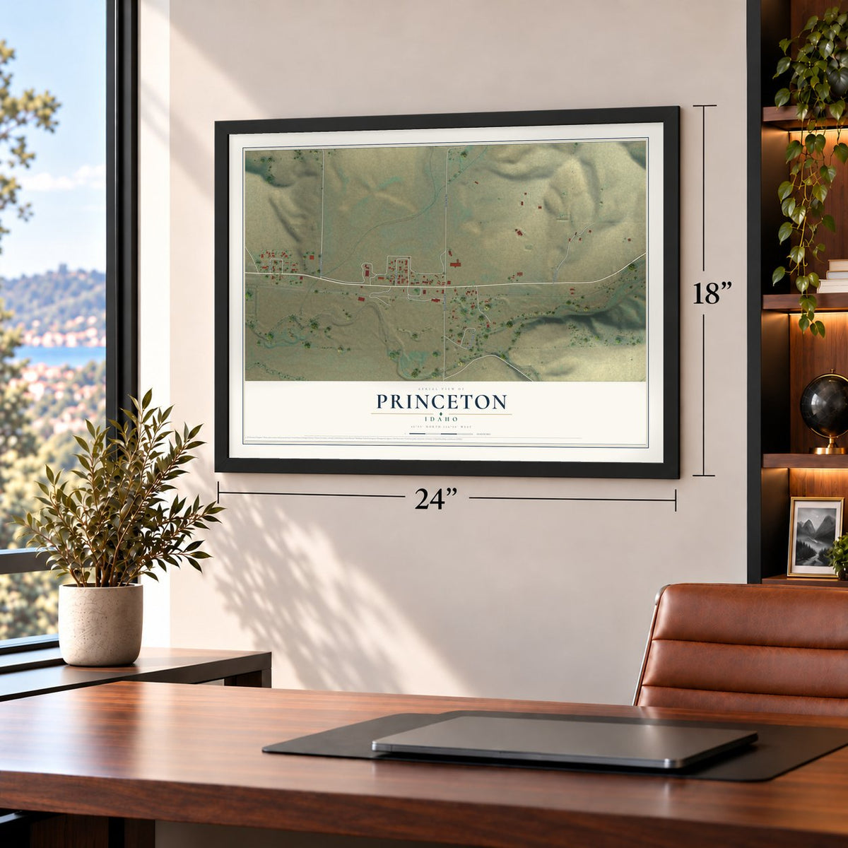 Princeton, Idaho map, 18 x 24 inch print in a black frame in a home office