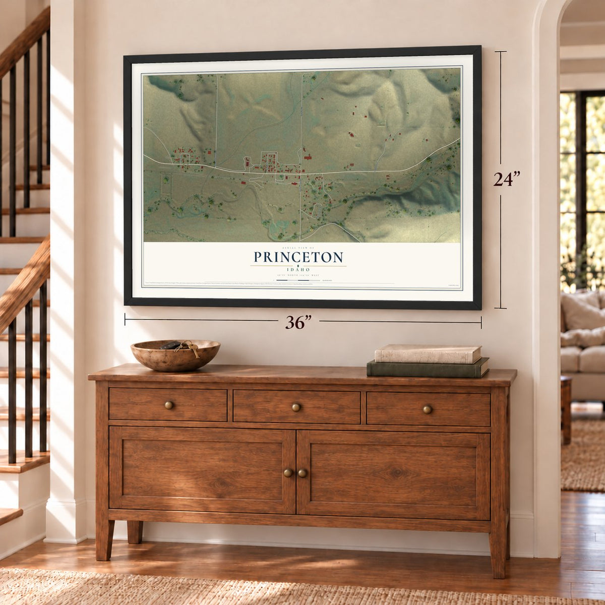 Princeton, Idaho map, 24 x 36 inch print in a black frame above a dresser by a staircase