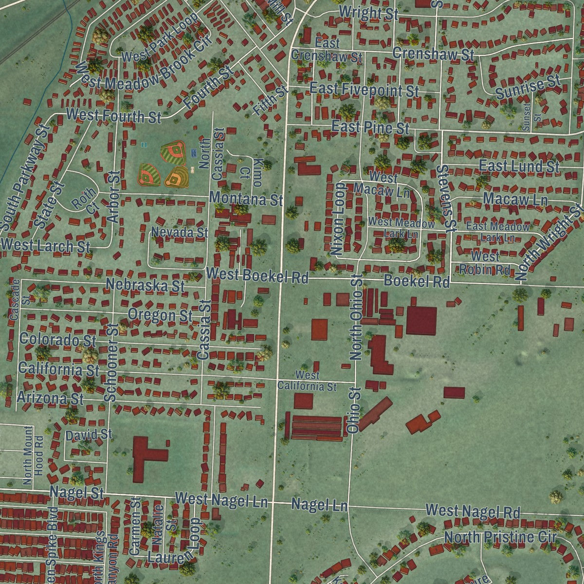 Close-up of the map of Rathdrum, Idaho print showing street and building detail