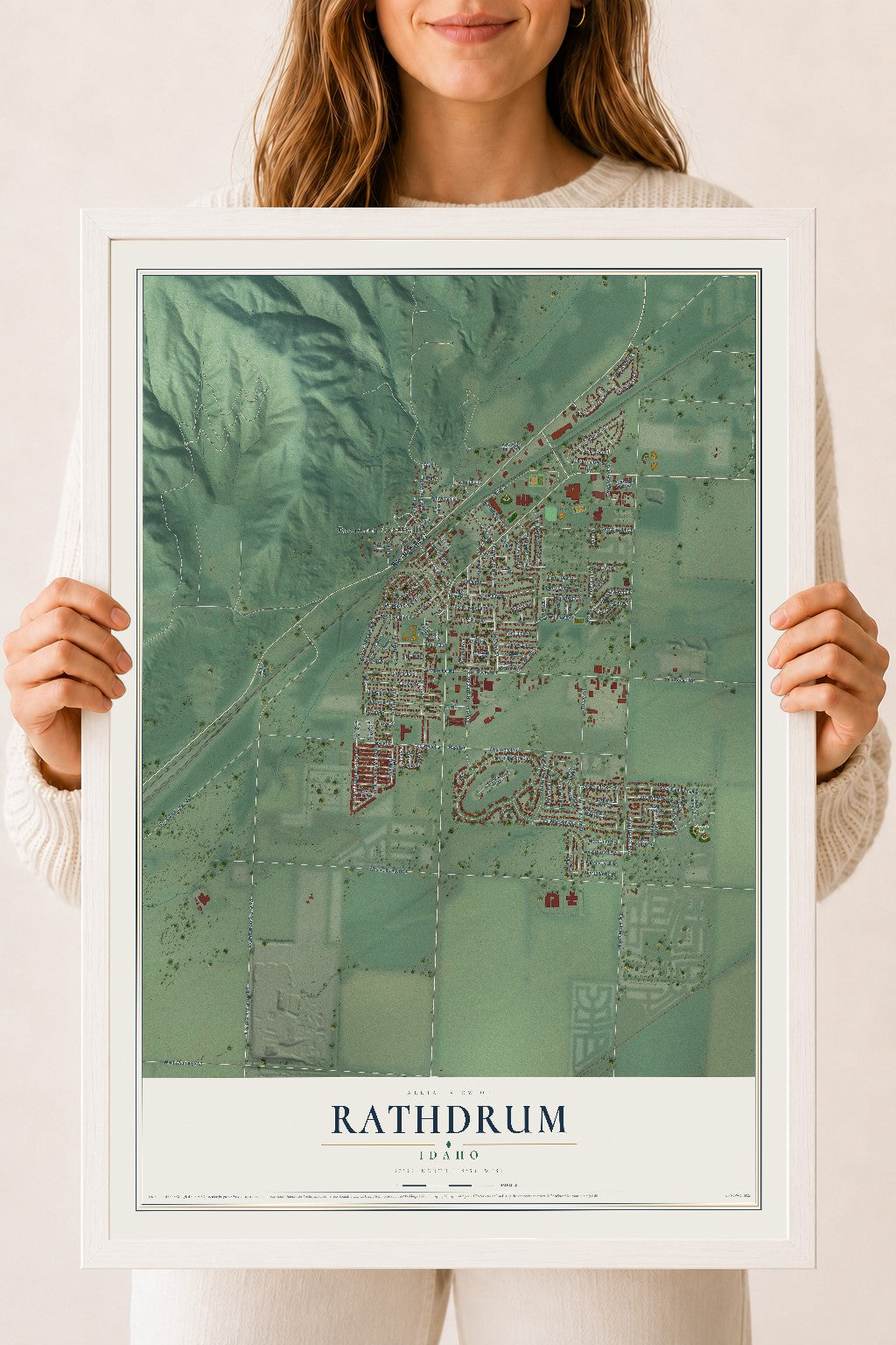 Map of Rathdrum, Idaho, 18 x 24 inch print in a white wood frame