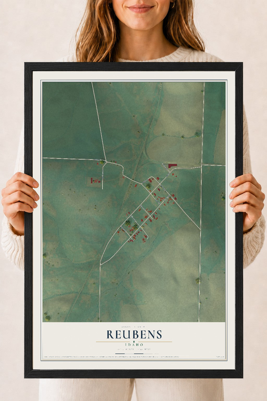 Map of Reubens, Idaho, 18 x 24 inch print in a black wood frame