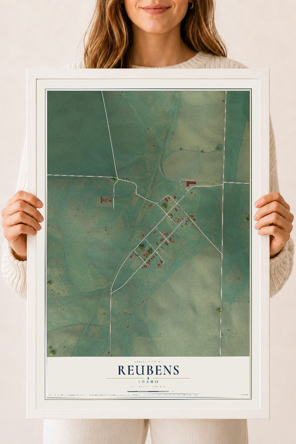 Map of Reubens, Idaho, 18 x 24 inch print in a white wood frame