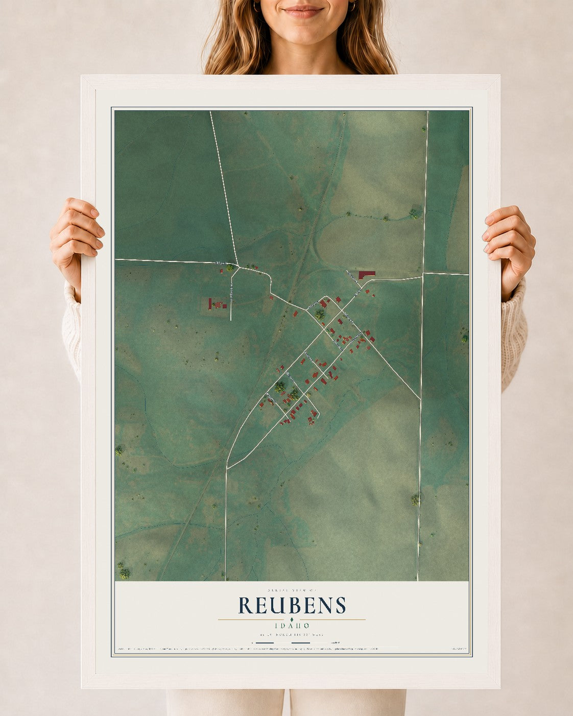 Map of Reubens, Idaho, 24 x 36 inch print in a white wood frame