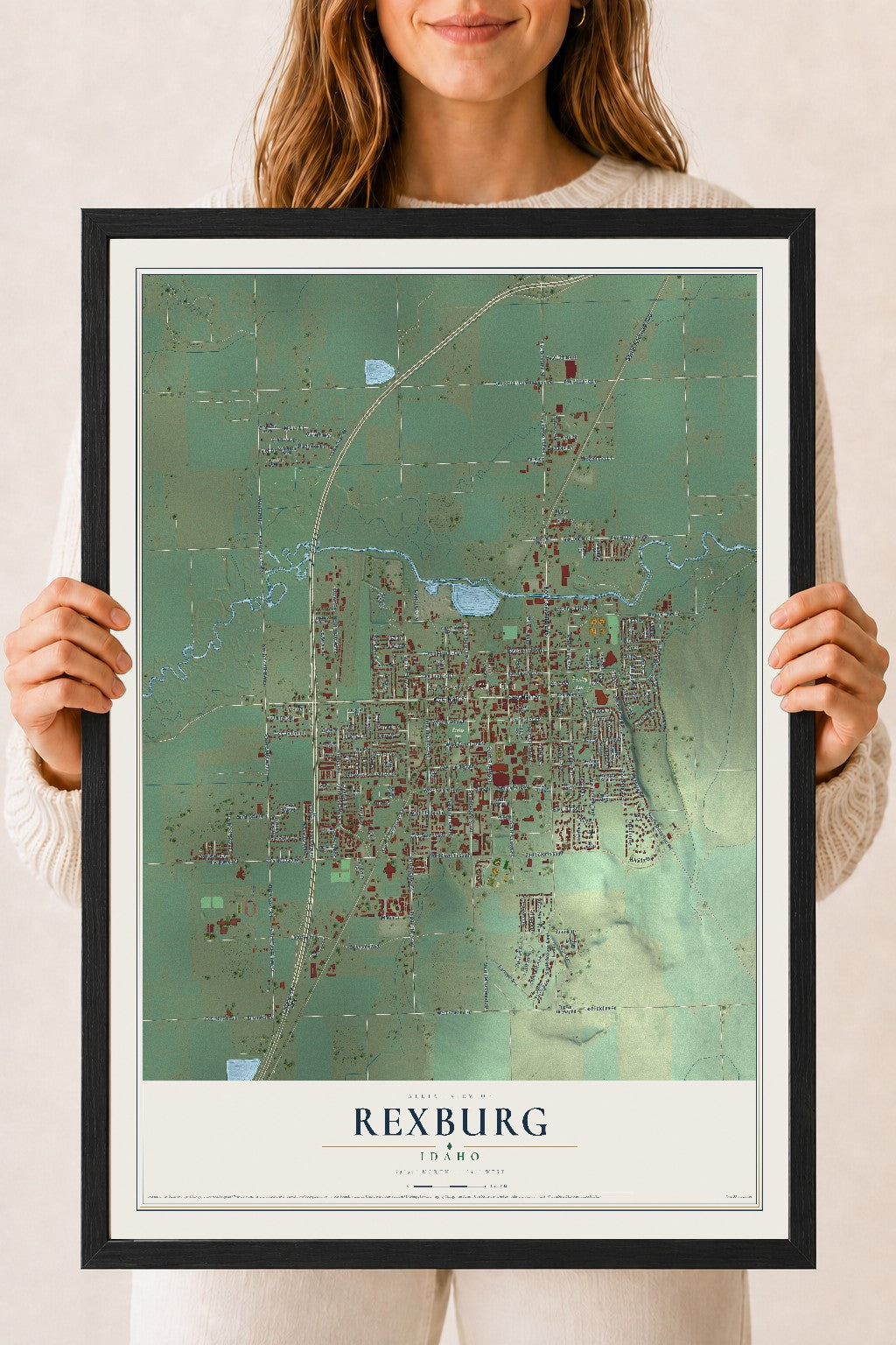 Map of Rexburg, Idaho, 18 x 24 inch print in a black wood frame