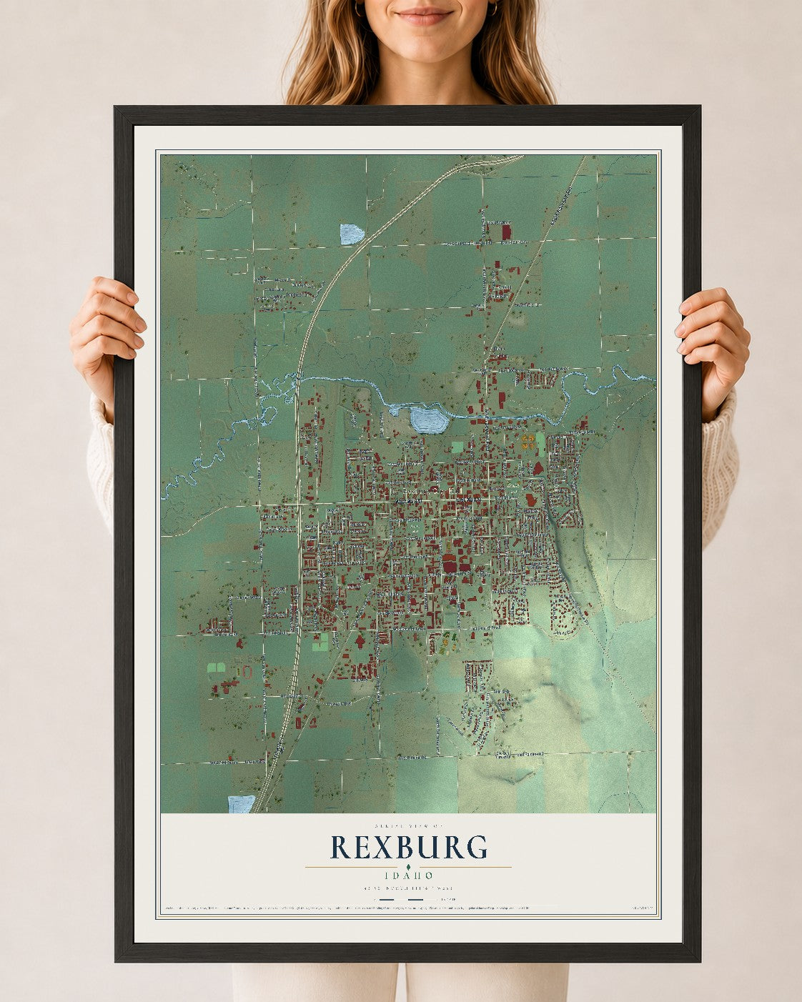 Map of Rexburg, Idaho, 24 x 36 inch print in a black wood frame