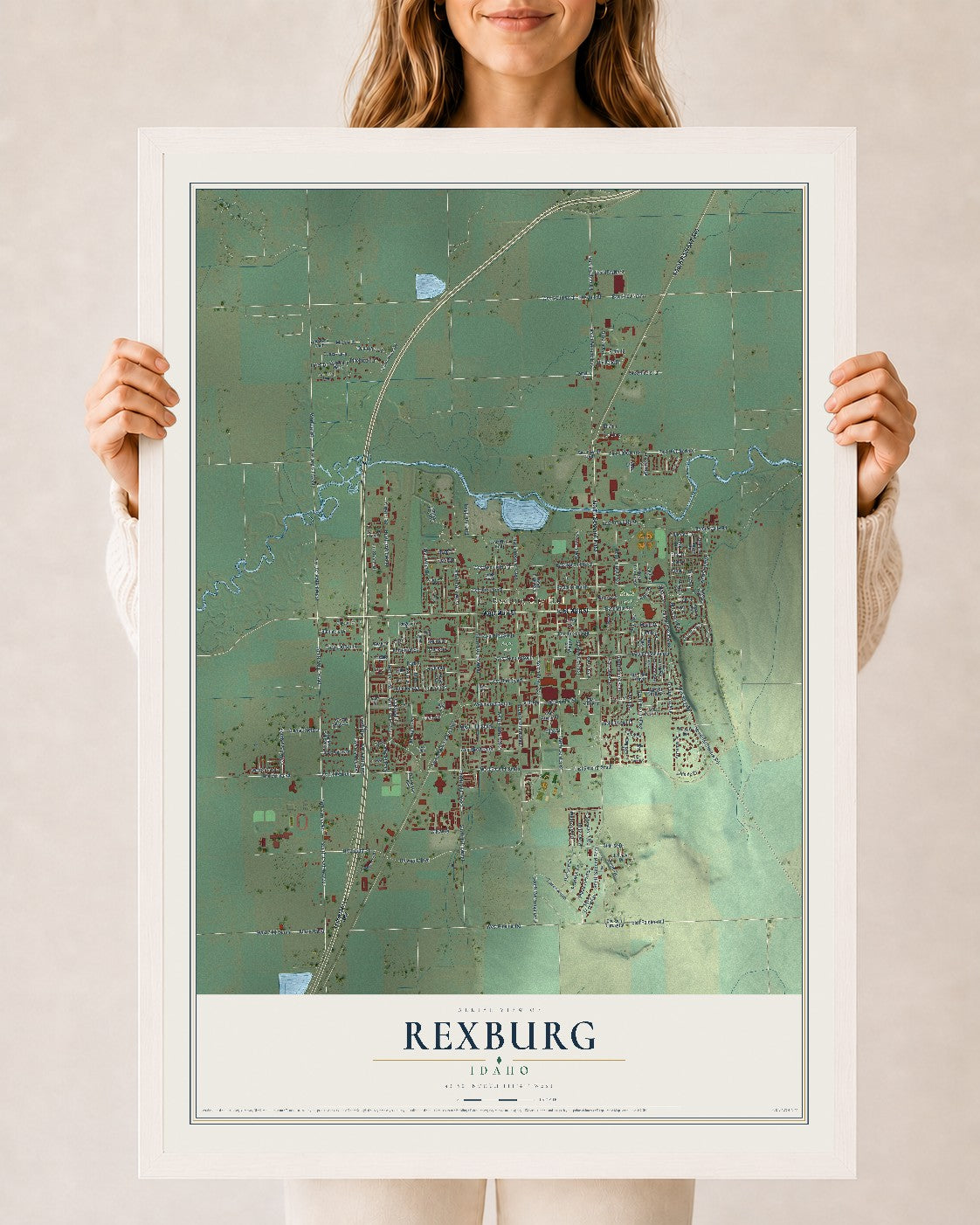 Map of Rexburg, Idaho, 24 x 36 inch print in a white wood frame