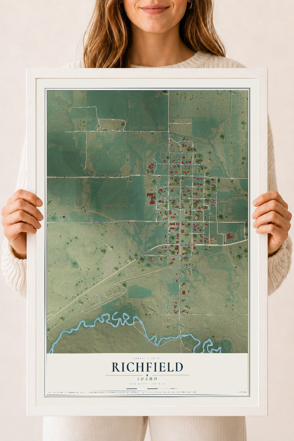 Map of Richfield, Idaho, 18 x 24 inch print in a white wood frame
