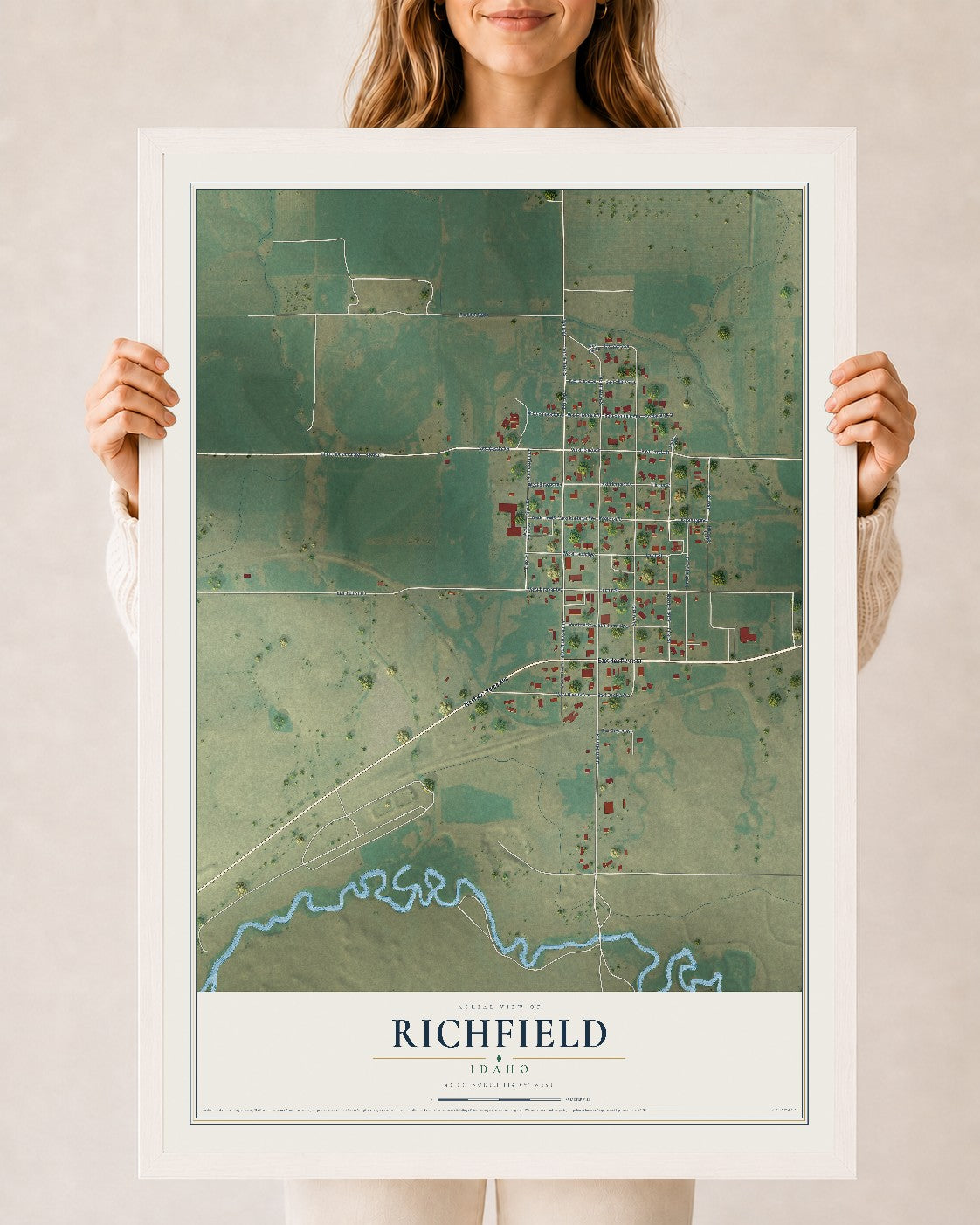 Map of Richfield, Idaho, 24 x 36 inch print in a white wood frame