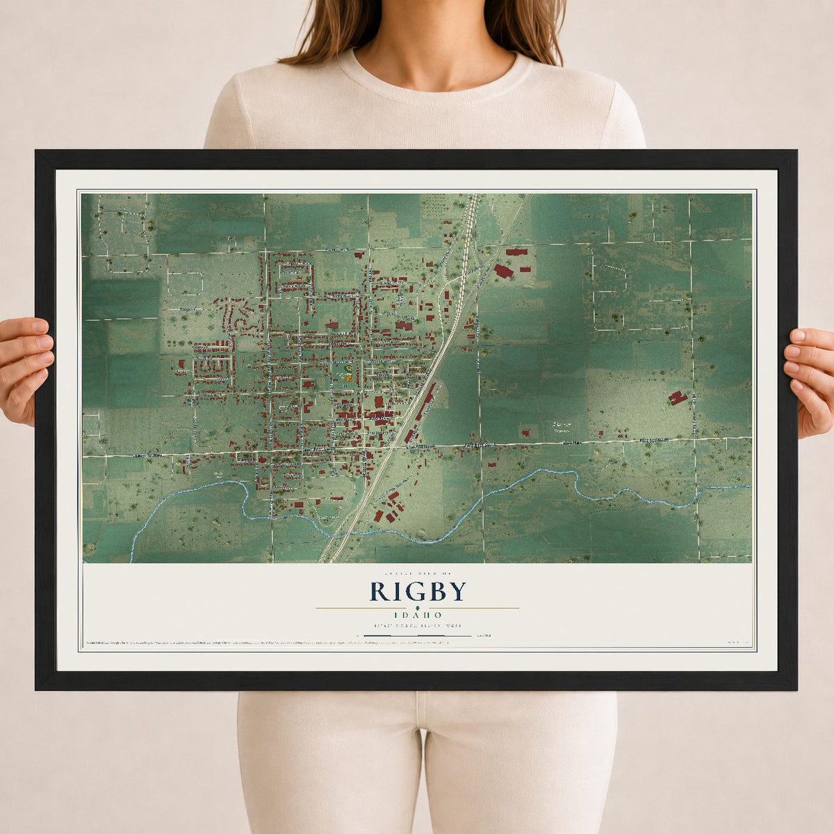 Map of Rigby, Idaho, 18 x 24 inch print in a black wood frame