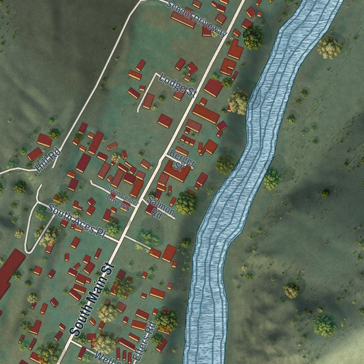 Close-up of the map of Riggins, Idaho print showing street and building detail