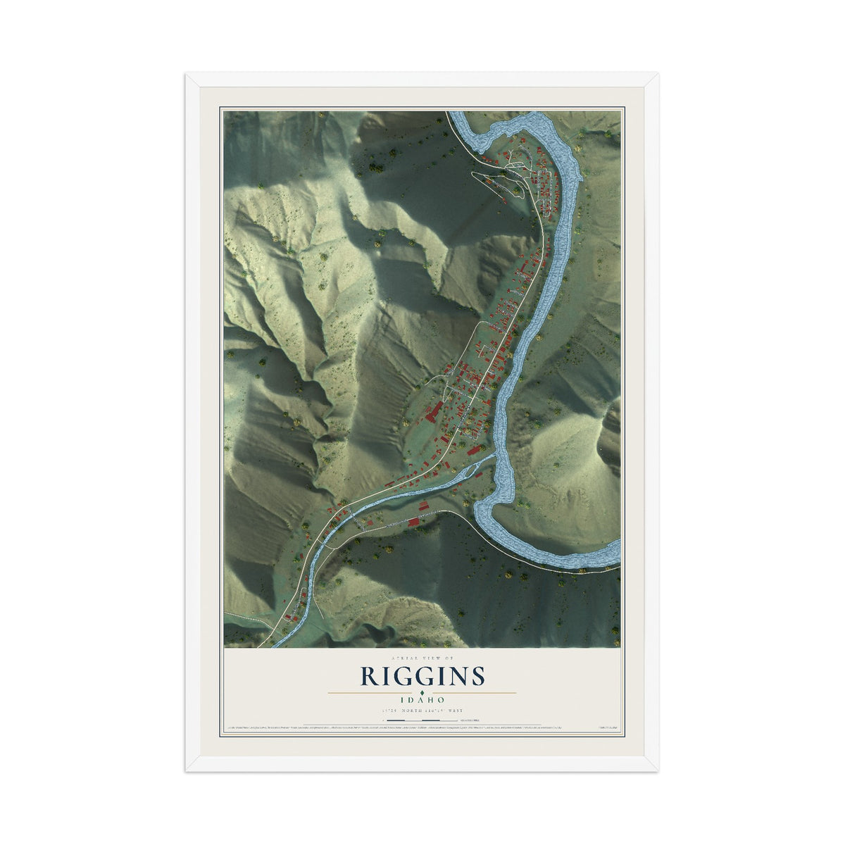 Map of Riggins, Idaho, 12 x 18 inch print in a white wood frame
