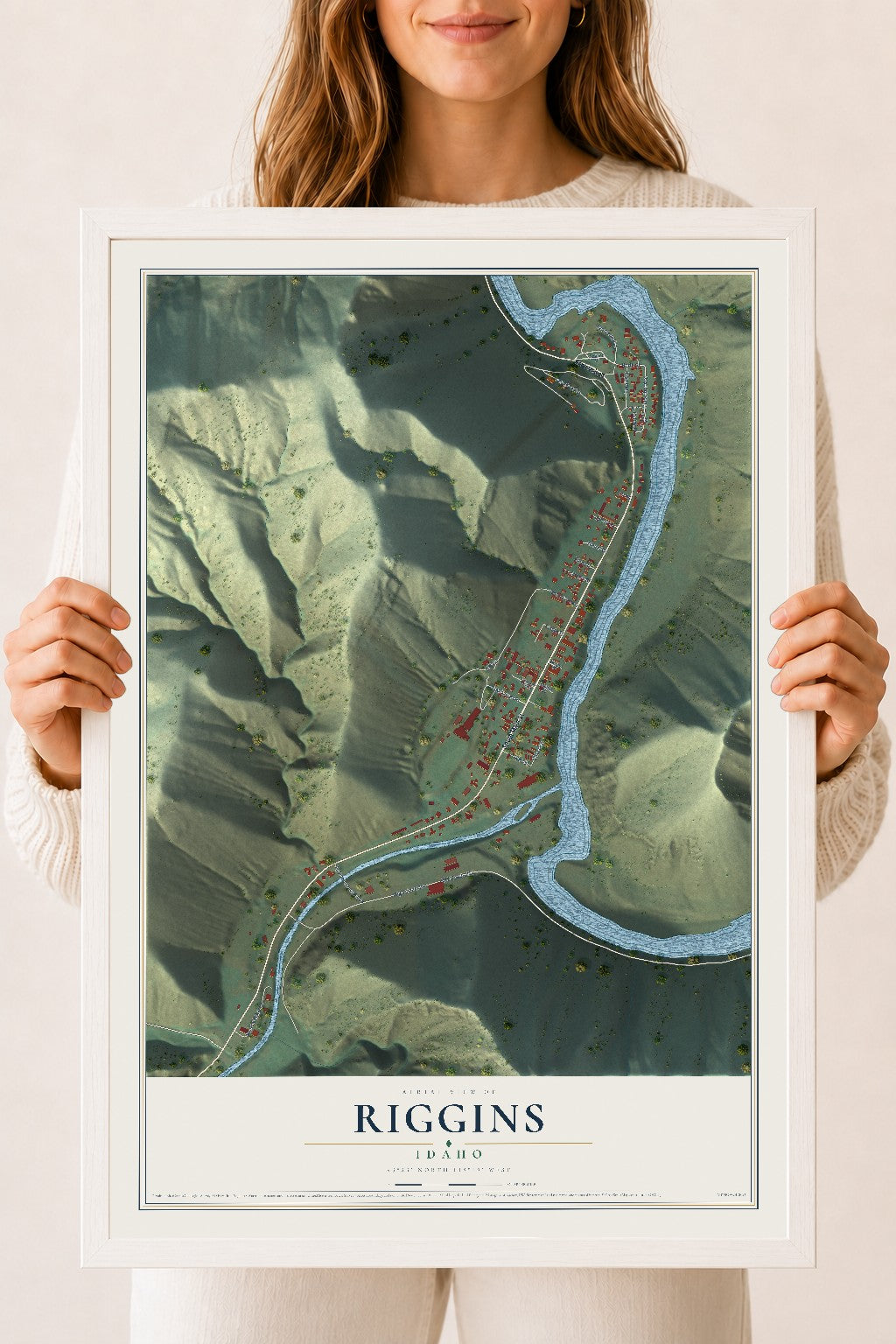 Map of Riggins, Idaho, 18 x 24 inch print in a white wood frame