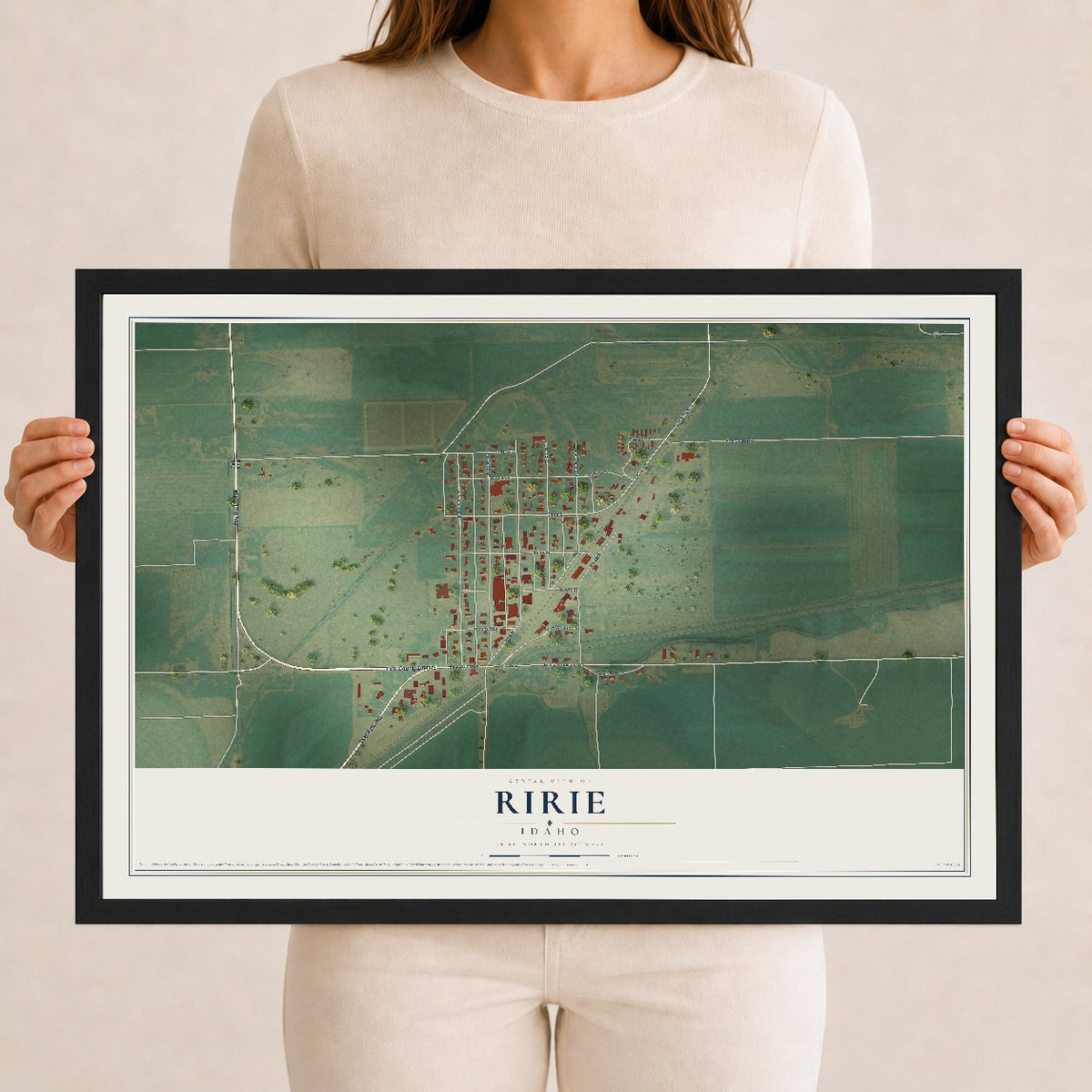 Map of Ririe, Idaho, 12 x 18 inch print in a black wood frame