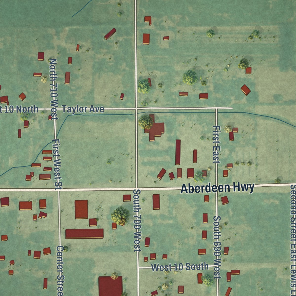 Close-up of the map of Riverside, Idaho print showing street and building detail