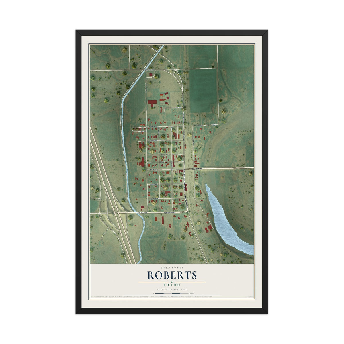 Map of Roberts, Idaho, 12 x 18 inch print in a black wood frame