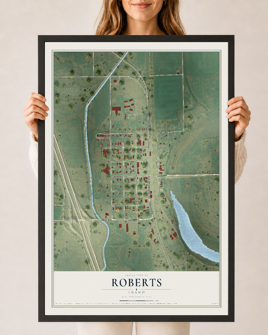 Map of Roberts, Idaho, 24 x 36 inch print in a black wood frame