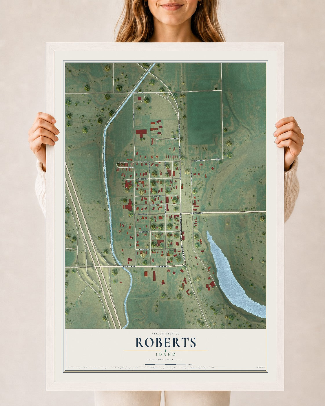 Map of Roberts, Idaho, 24 x 36 inch print in a white wood frame