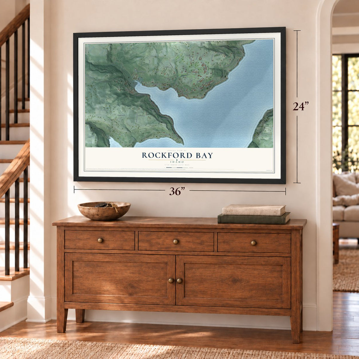 Rockford Bay, Idaho map, 24 x 36 inch print in a black frame above a dresser by a staircase