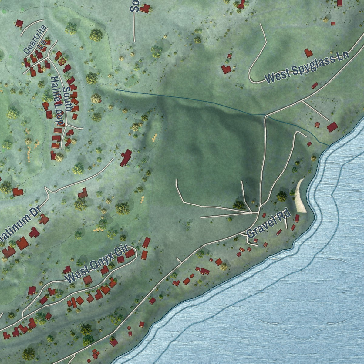 Close-up of the map of Rockford Bay, Idaho print showing street and building detail
