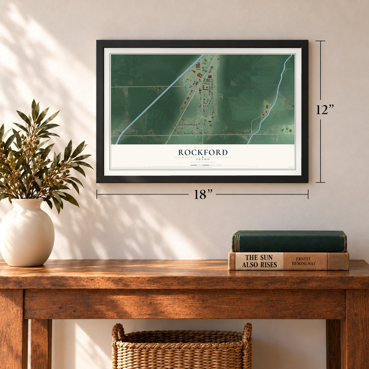 Rockford, Idaho map, 12 x 18 inch print in a black frame in an entryway