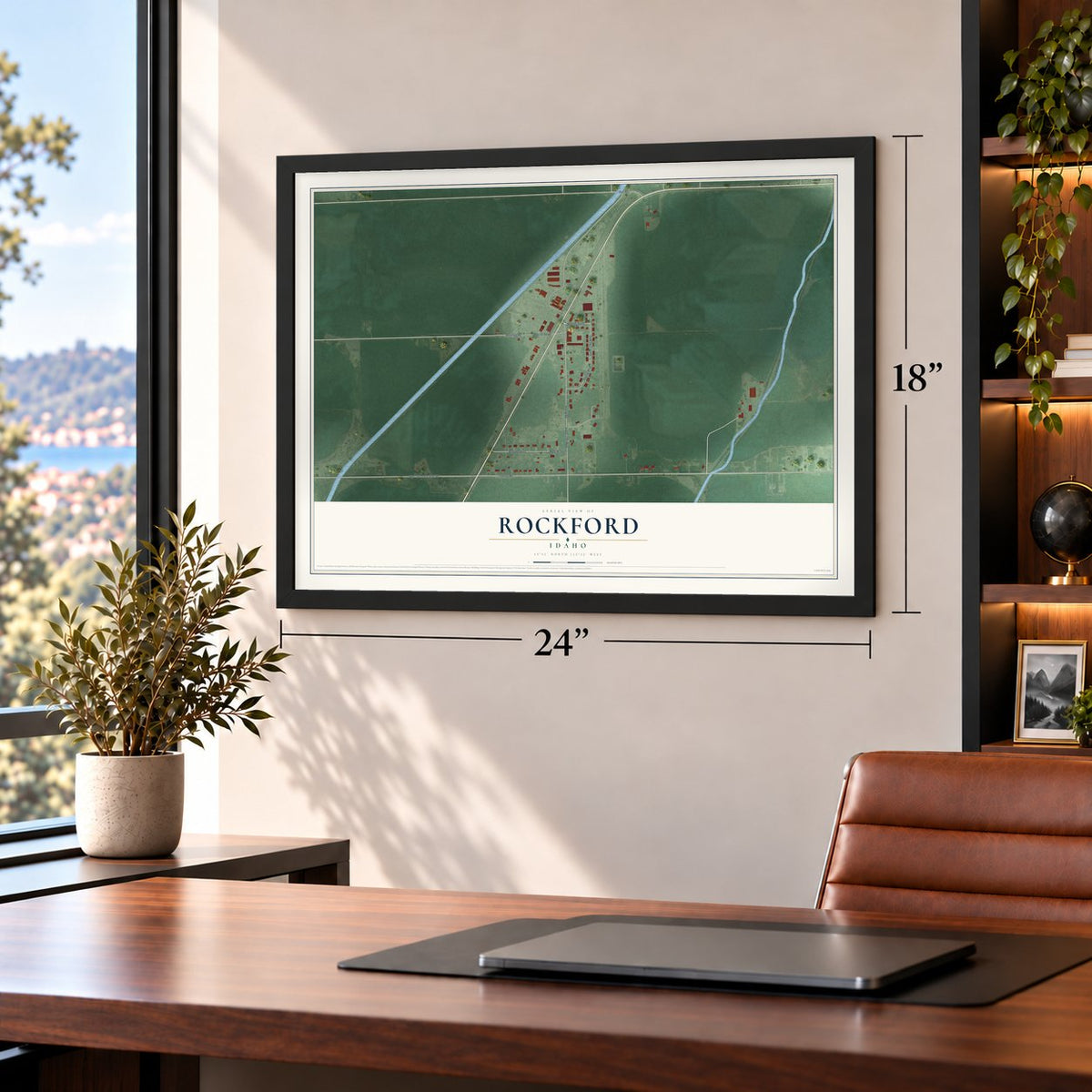Rockford, Idaho map, 18 x 24 inch print in a black frame in a home office