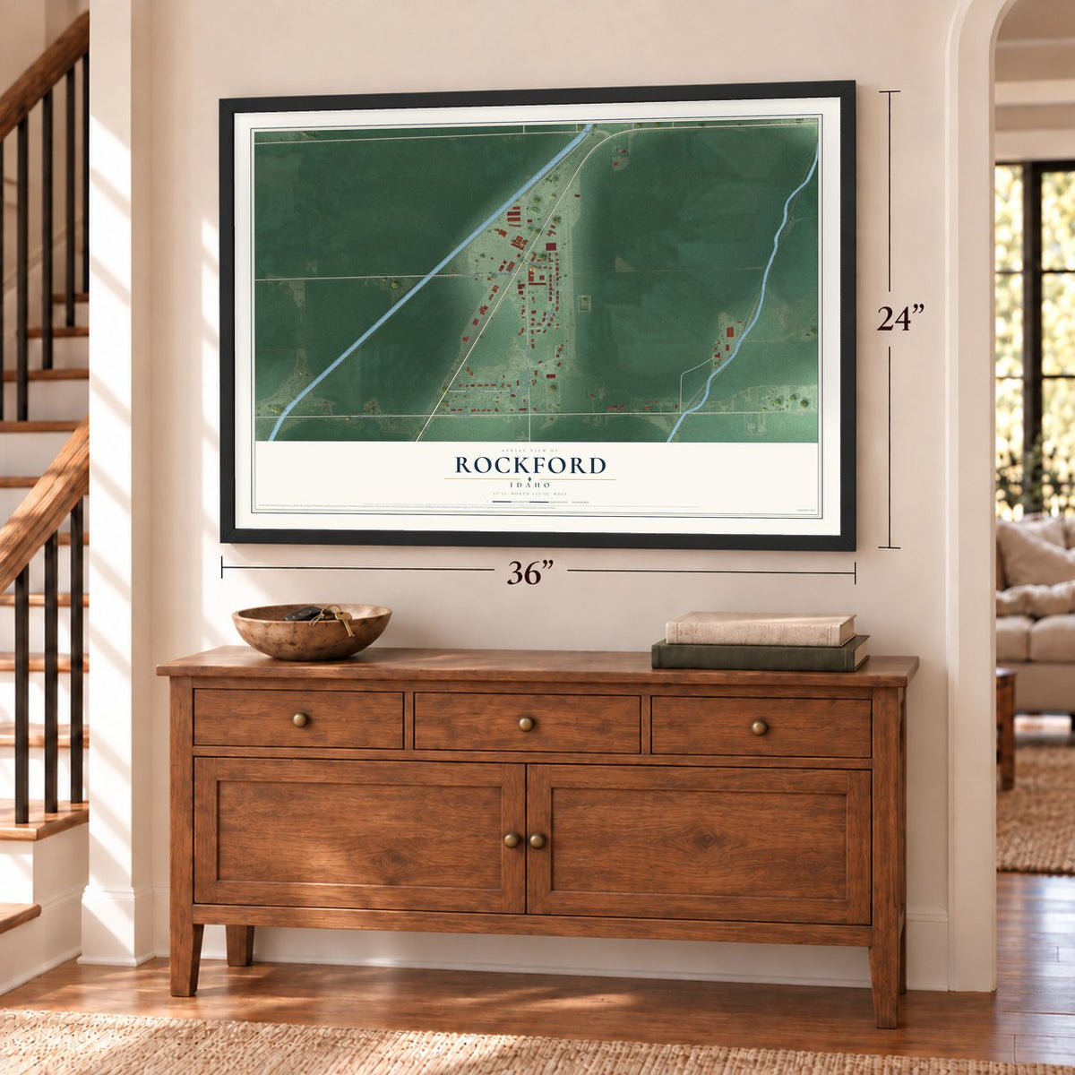 Rockford, Idaho map, 24 x 36 inch print in a black frame above a dresser by a staircase