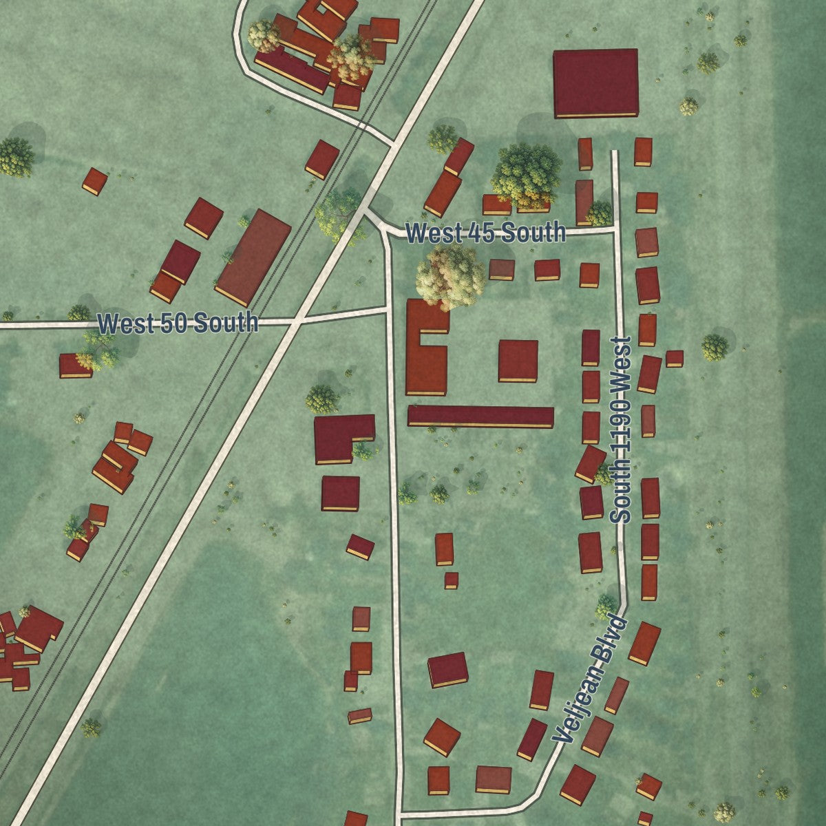 Close-up of the map of Rockford, Idaho print showing street and building detail