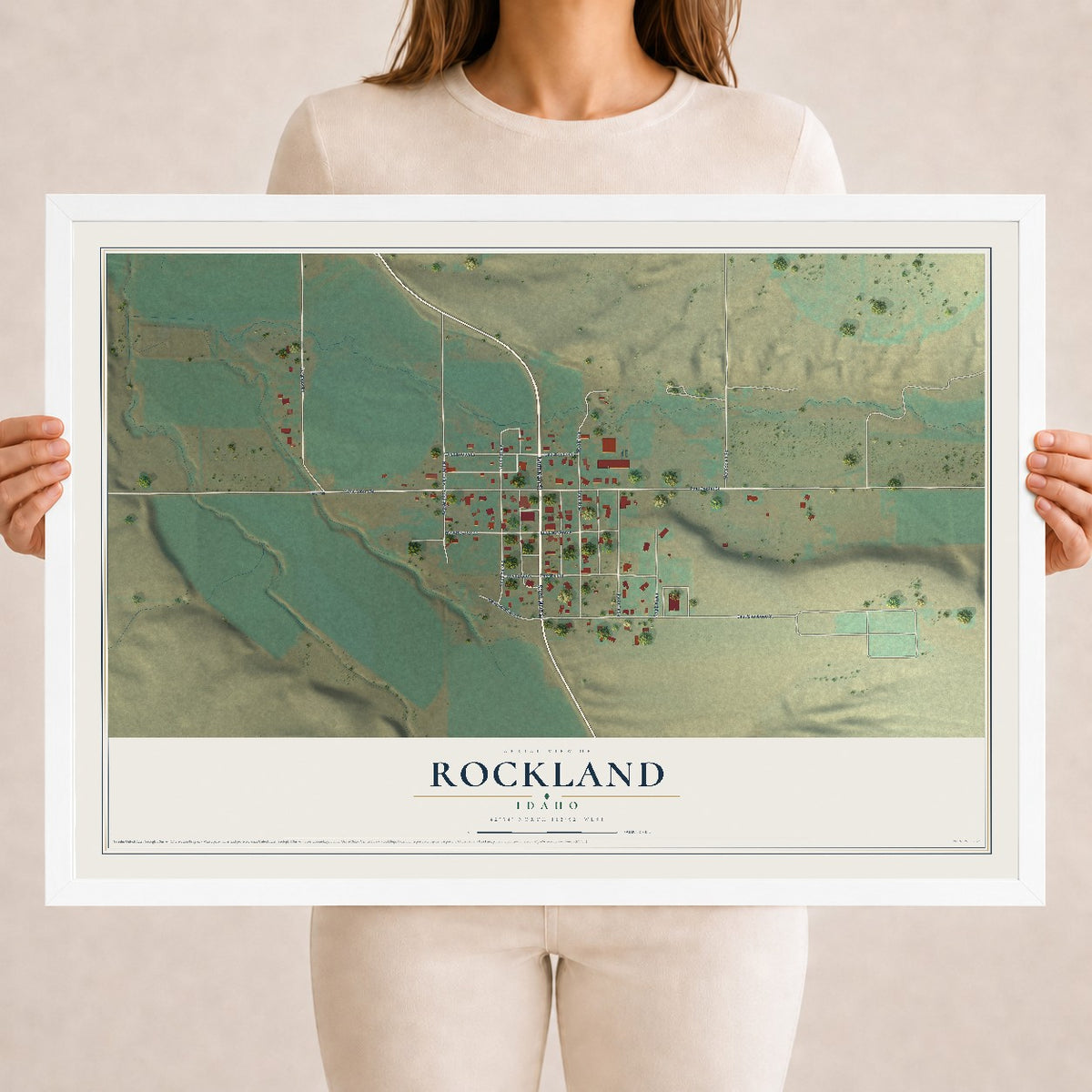 Map of Rockland, Idaho, 18 x 24 inch print in a white wood frame
