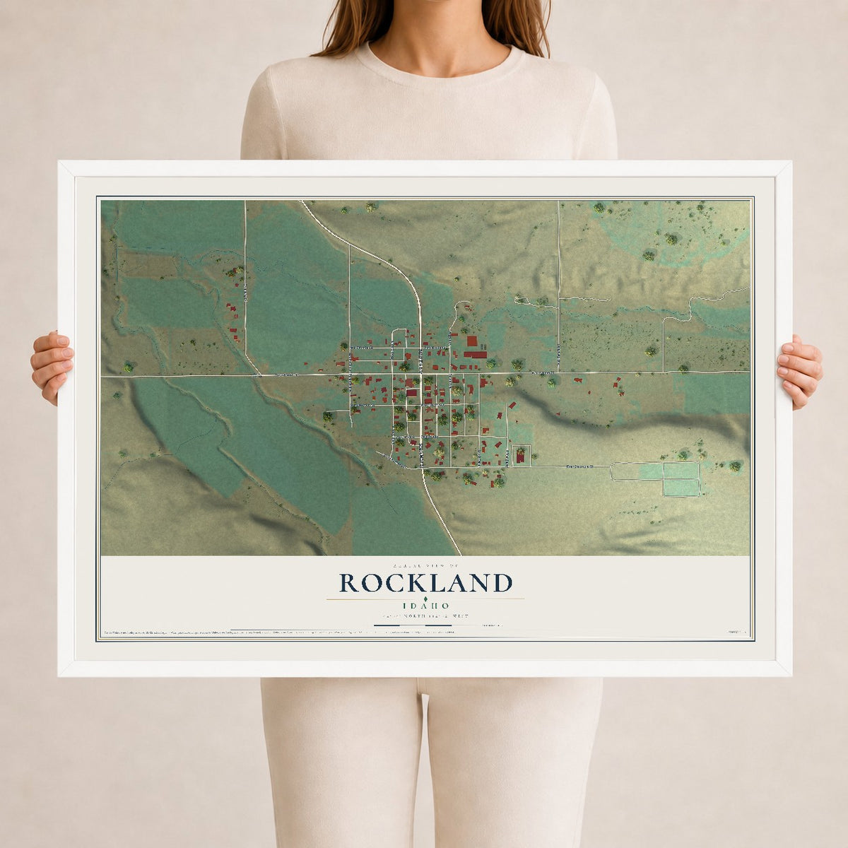 Map of Rockland, Idaho, 24 x 36 inch print in a white wood frame