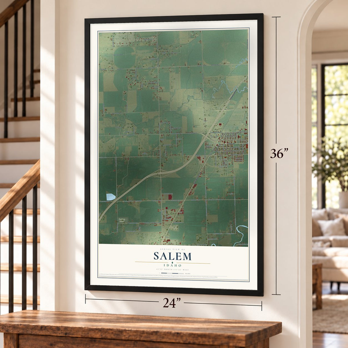 Salem, Idaho map, 24 x 36 inch print in a black frame by a staircase