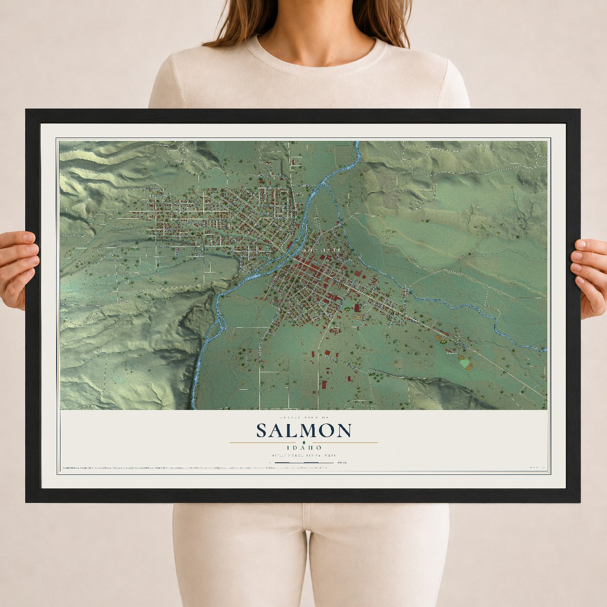 Map of Salmon, Idaho, 18 x 24 inch print in a black wood frame