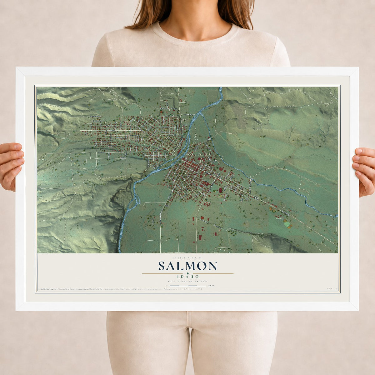 Map of Salmon, Idaho, 18 x 24 inch print in a white wood frame