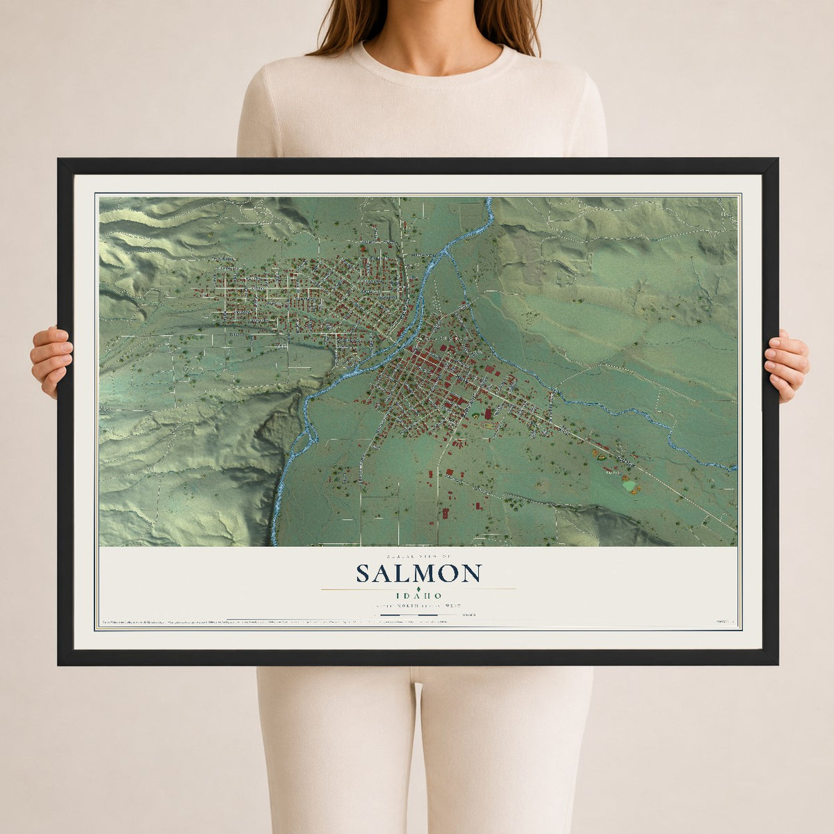 Map of Salmon, Idaho, 24 x 36 inch print in a black wood frame