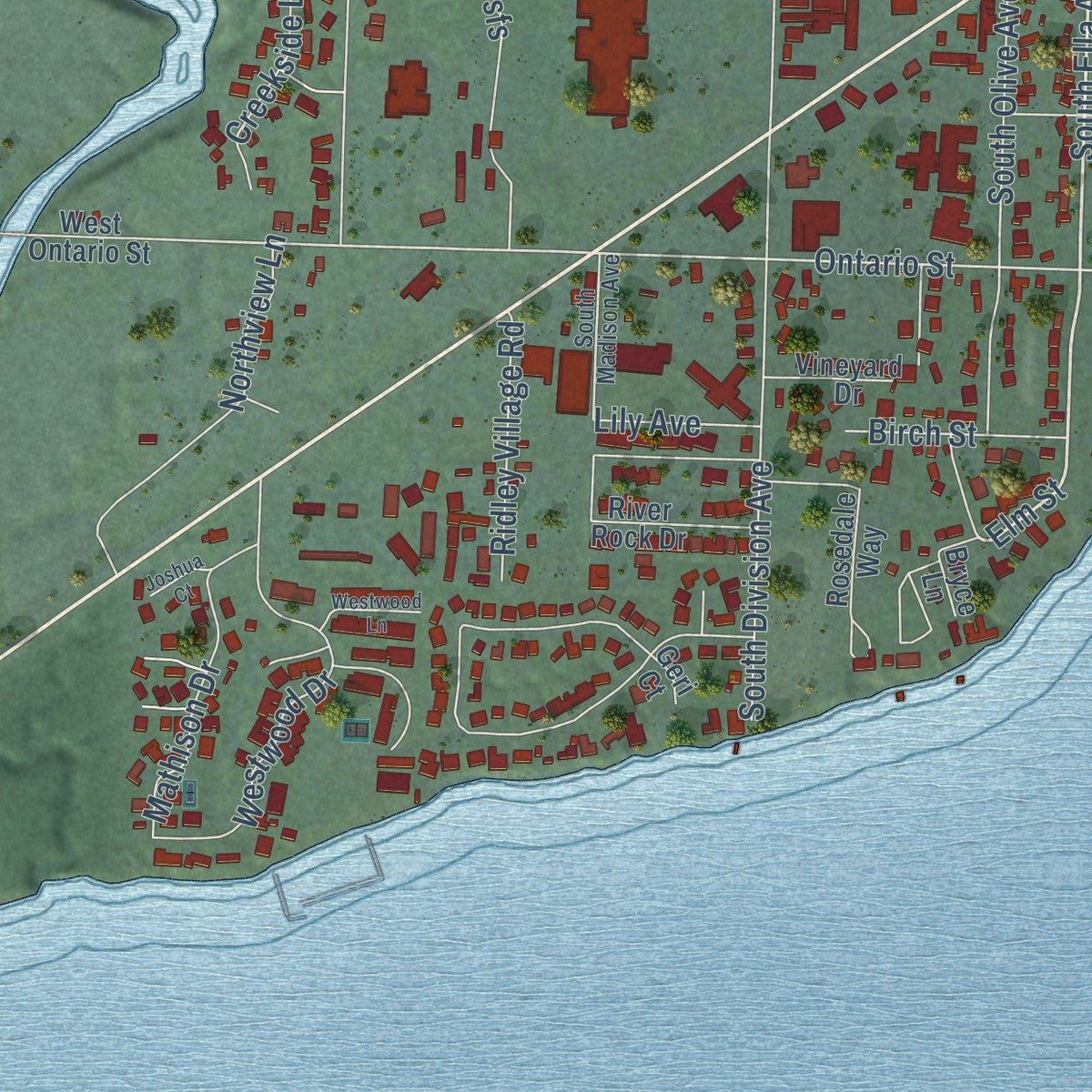 Second close-up of the map of Sandpoint, Idaho print showing more streets and buildings