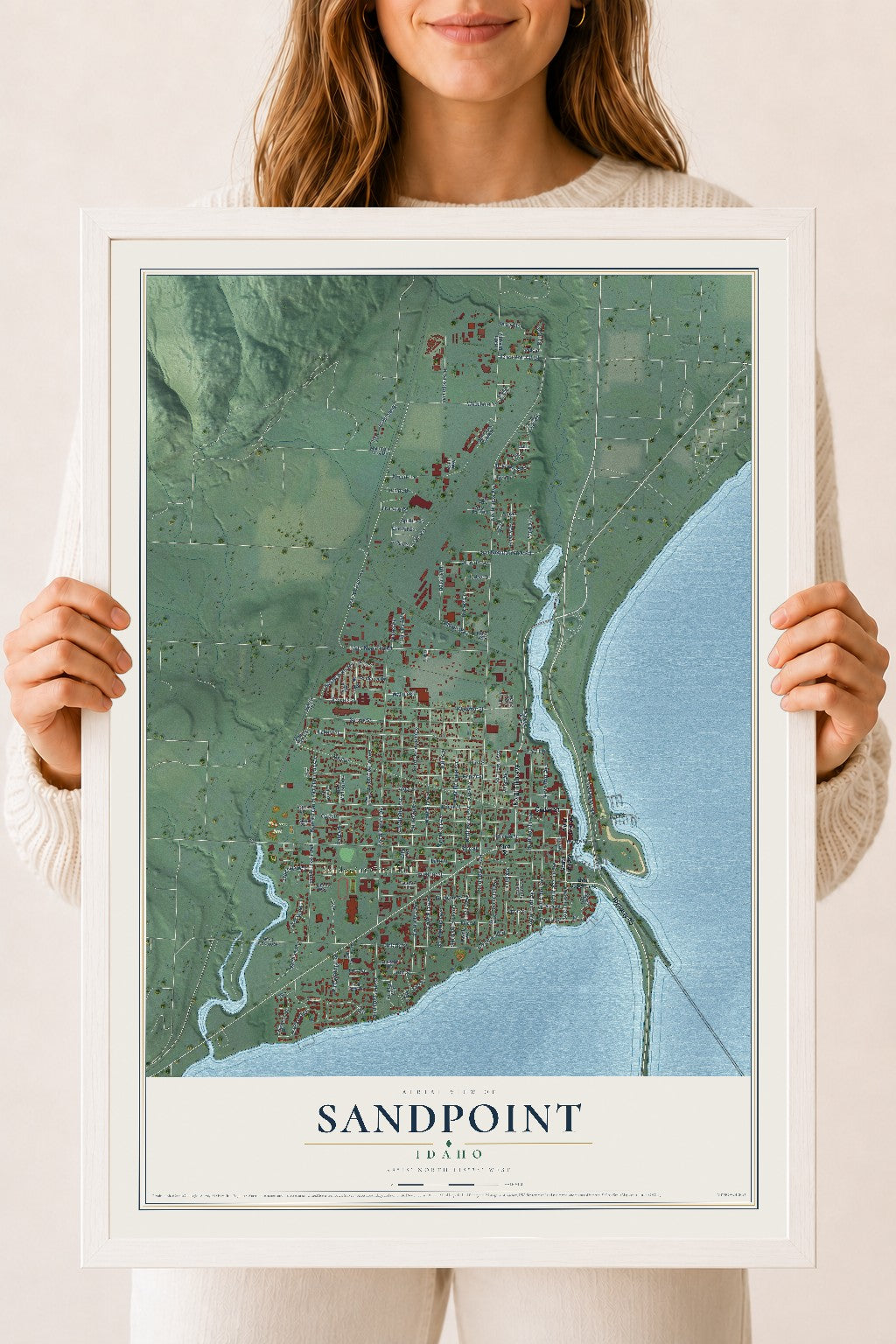 Map of Sandpoint, Idaho, 18 x 24 inch print in a white wood frame