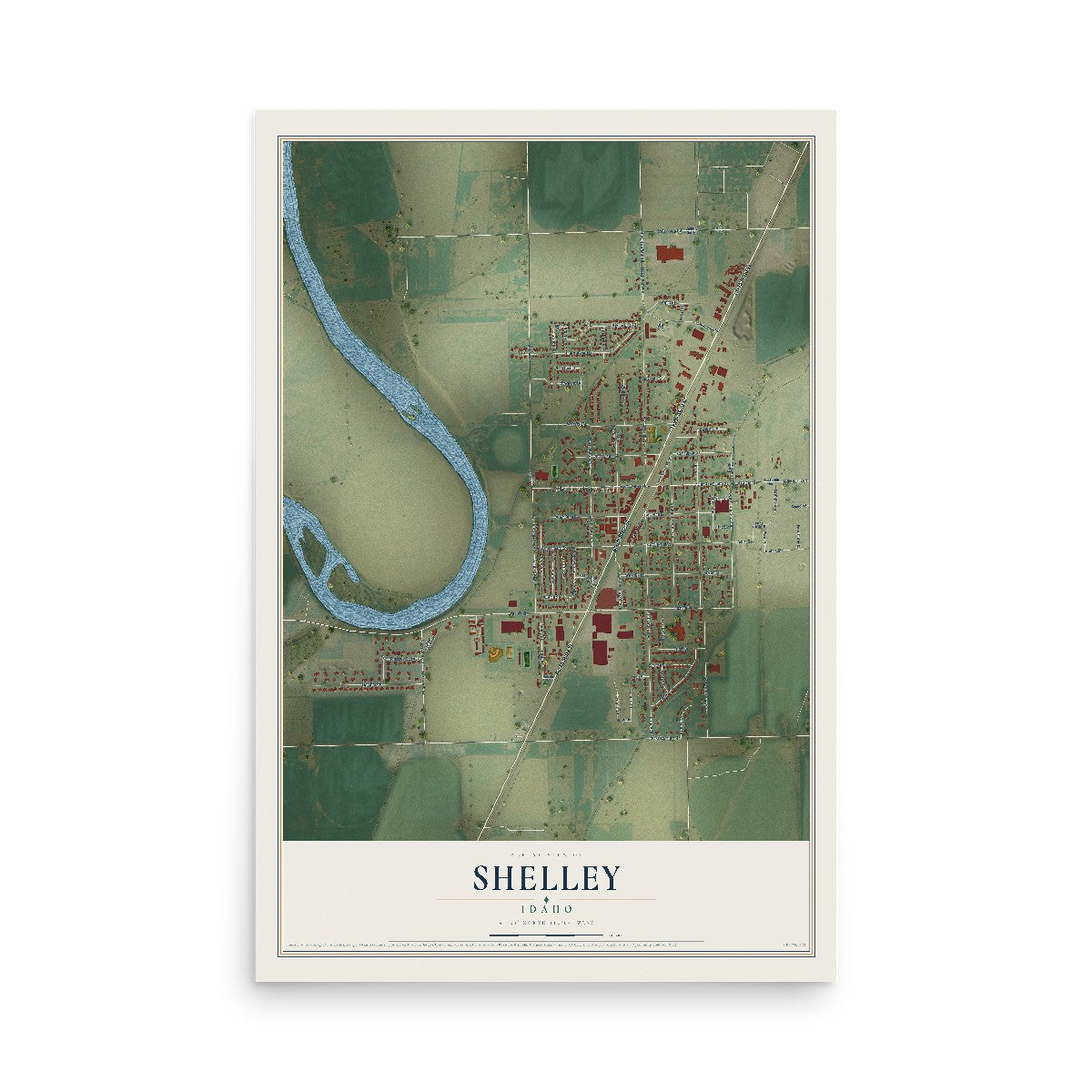 Map of Shelley, Idaho, 12 x 18 inch unframed archival matte print