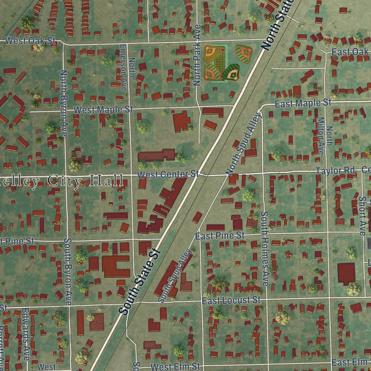 Close-up of the map of Shelley, Idaho print showing street and building detail