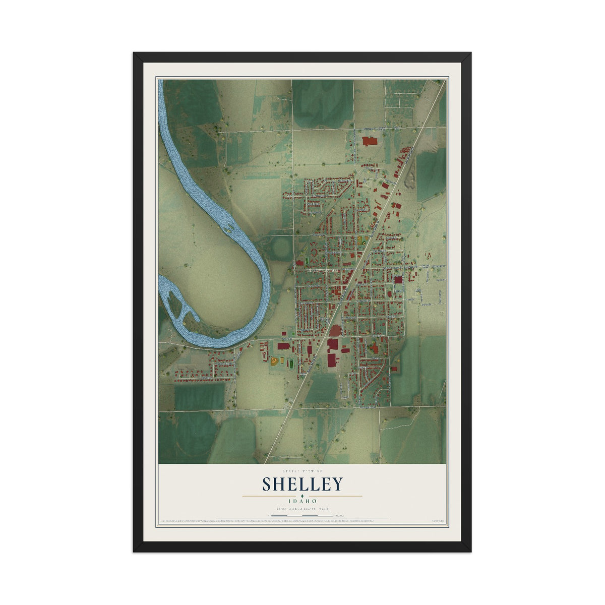 Map of Shelley, Idaho, 12 x 18 inch print in a black wood frame